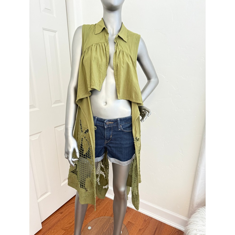 Anthropologie Marrakech Olive Green Lace Cut Out Cropped High Low Vest Bohemian - Picture 1 of 10